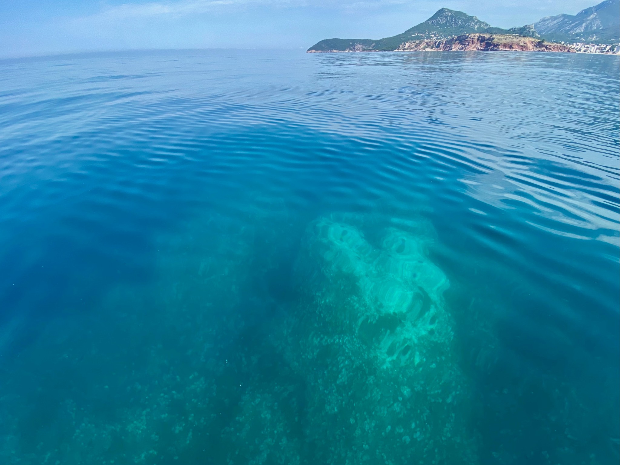 A photo of calm, vibrant blue sea water, revealing a large, turquoise underwater rock formation that resembles the silhouette of a whale shark swimming just below the surface. In the background, a rocky coastline stretches along the horizon under a light blue sky.